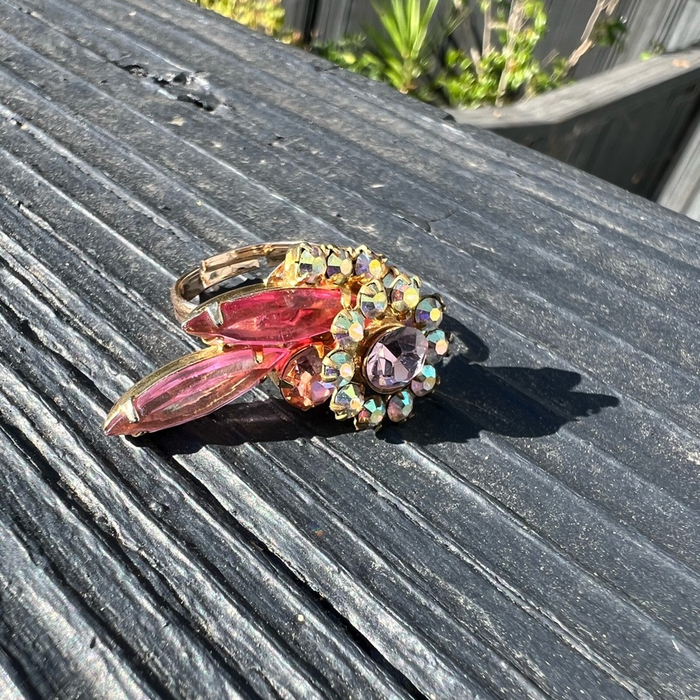 Vintage Pink Rhinestone Cocktail Ring Floral Cluster Adjustable AB